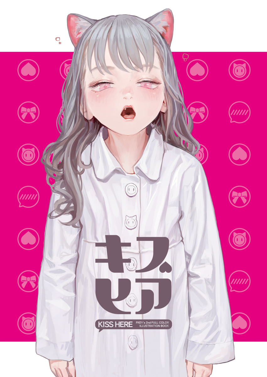 1girl animal_ears bangs blush cat_ears dress fang fkey grey_hair highres long_hair open_mouth original patterned_background pink_background pink_eyes solo tongue white_dress