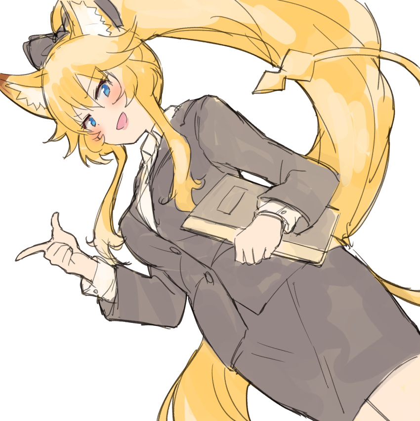 1girl :d animal_ear_fluff animal_ears bangs black_bow black_jacket black_skirt blonde_hair blue_eyes blush bow collared_shirt dutch_angle eyebrows_visible_through_hair formal hair_between_eyes hair_bow hand_up high_ponytail highres holding index_finger_raised jacket long_hair long_sleeves nyama open_mouth pencil_skirt ponytail rararin_(show_by_rock!!) shirt show_by_rock!! simple_background skirt skirt_suit smile solo suit tail_raised very_long_hair white_background white_shirt