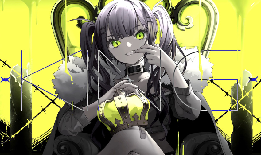 1girl bandaid bandaid_on_leg bangs belt_collar cape collar collarbone commentary_request crossed_legs crown crown_removed eyebrows_visible_through_hair finger_to_mouth fur-trimmed_cape fur_trim green_eyes grin hair_ornament hairpin highres hololive king_(vocaloid) long_hair long_sleeves looking_at_viewer partially_colored sitting smile solo song_name tate_yukimi throne tokoyami_towa twintails virtual_youtuber
