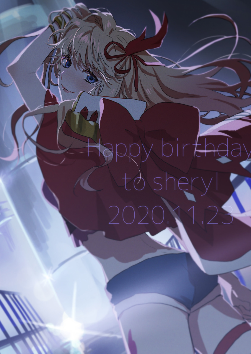 1girl absurdres blonde_hair blue_shorts bow capelet character_name dated floating_hair from_behind gradient_hair hair_ornament happy_birthday head_tilt highres huge_bow long_hair looking_back macross macross_frontier multicolored_hair pink_hair pote-mm red_bow red_capelet sheryl_nome short_shorts shorts smile solo thigh_strap