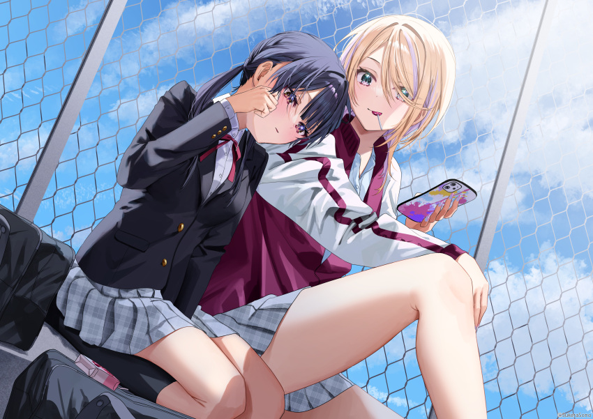 2girls absurdres arm_rest bag black_bag black_hair black_jacket black_socks blazer blonde_hair blue_eyes blue_sky brown_eyes candy cellphone chain-link_fence chigusa_minori clouds cloudy_sky collared_shirt copyright_notice day fence food fukiyama_rei grey_skirt hair_over_one_eye hajimete_no_sabotage hand_on_own_knee hand_rest highres holding holding_phone jacket juice_box lollipop long_sleeves looking_at_another multicolored_clothes multicolored_jacket multiple_girls non-web_source official_art open_clothes open_collar open_jacket outdoors parted_lips phone plaid plaid_skirt pleated_skirt pocket ponytail protagonist_(hajimete_no_sabotage) red_jacket rubbing_eyes school_bag school_uniform shirt short_hair sitting skirt sky socks track_jacket two-tone_jacket white_jacket white_shirt yuri