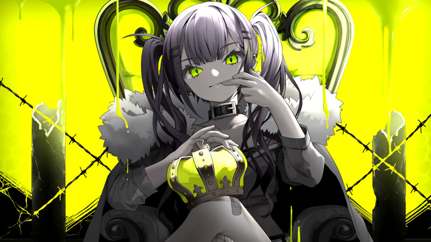1girl bandaid bandaid_on_leg bangs belt_collar cape collar collarbone commentary_request crossed_legs crown crown_removed eyebrows_visible_through_hair finger_to_mouth fur-trimmed_cape fur_trim green_eyes hair_ornament hairpin highres hololive king_(vocaloid) long_hair long_sleeves looking_at_viewer partially_colored sitting solo tate_yukimi throne tokoyami_towa twintails virtual_youtuber