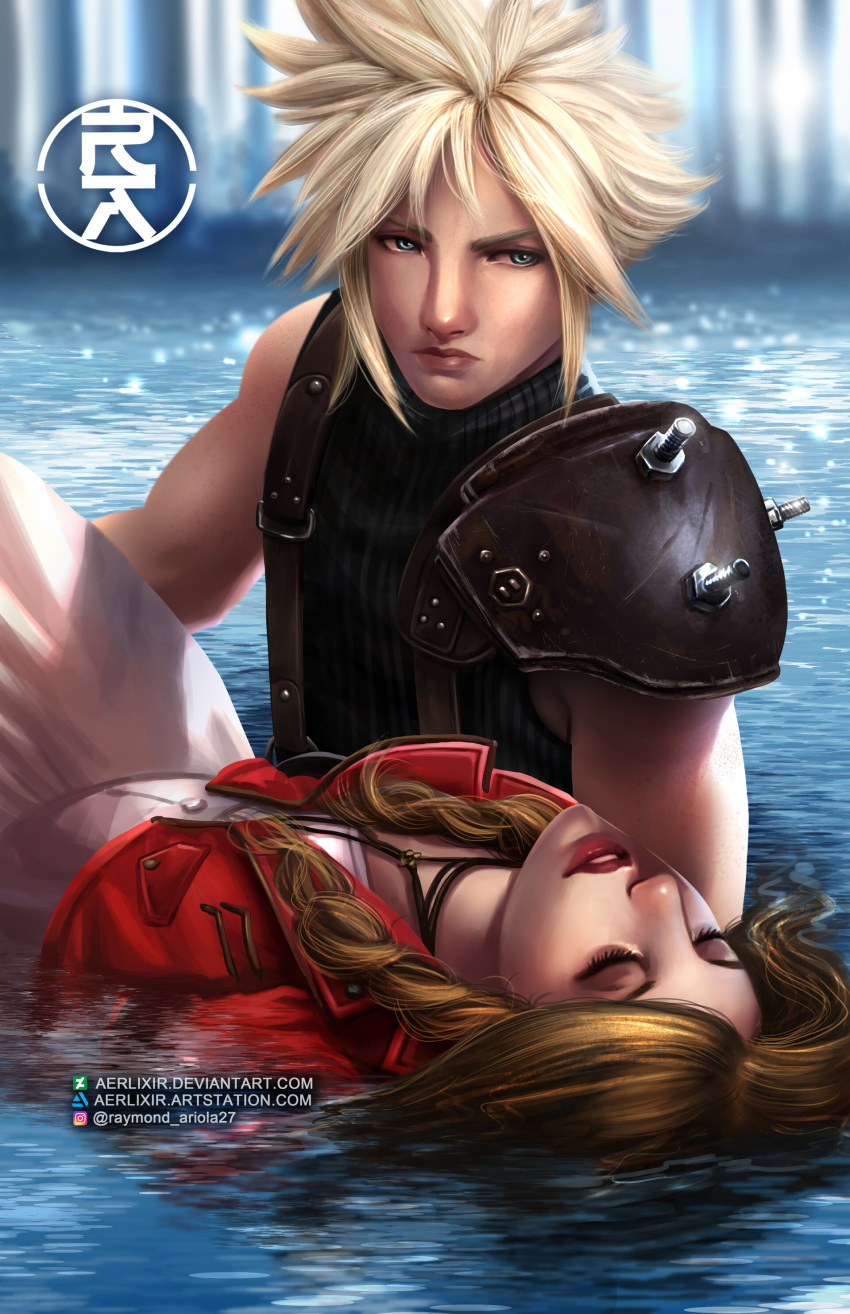 1boy 1girl absurdres aerith_gainsborough aerlixir armor blonde_hair brown_hair carrying cloud_strife cropped_jacket death dress final_fantasy final_fantasy_vii floating floating_hair funeral highres jacket partially_submerged pauldrons pink_dress princess_carry red_jacket sad shoulder_armor sleeveless sleeveless_turtleneck square_enix sweater turtleneck turtleneck_sweater water