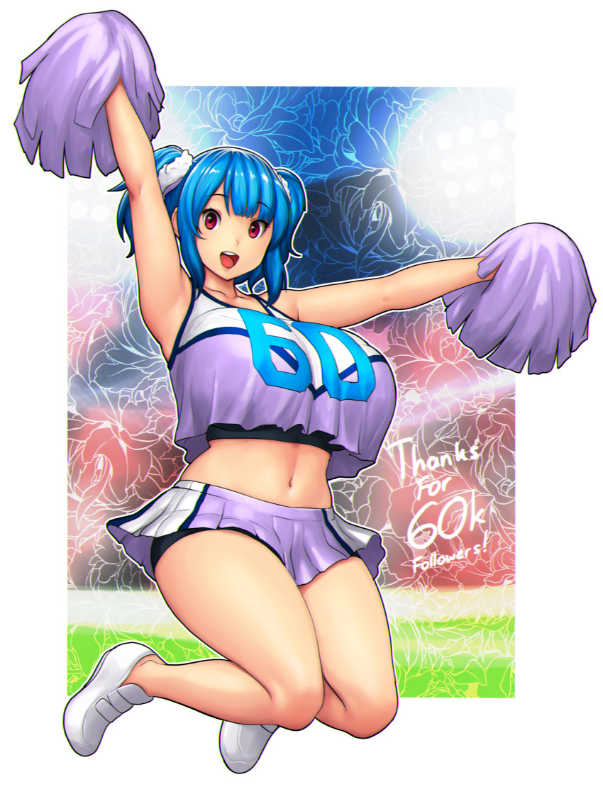 1girl absurdres armpits arms_up blue_hair breasts cheering cheerleader crop_top crop_top_overhang english_text erkaz full_body highres holding holding_pom_poms huge_breasts legs_up looking_at_viewer midriff milestone_celebration navel open_mouth original outline pom_poms red_eyes rina_atherina shoes smile solo twintails white_footwear white_outline