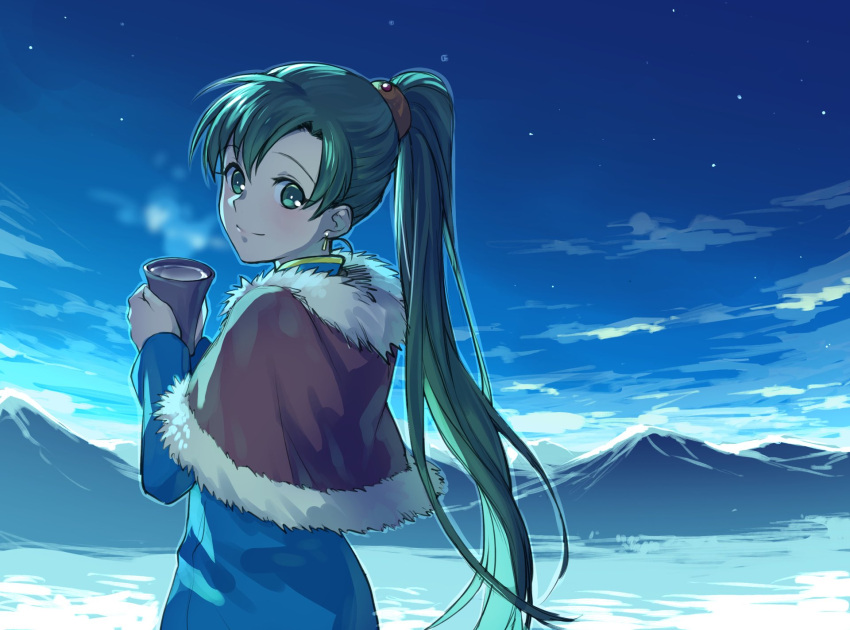 1girl bangs blue_dress capelet cup dress earrings fire_emblem fire_emblem:_the_blazing_blade fur-trimmed_capelet fur_trim green_eyes green_hair highres holding holding_cup jewelry kori_kms long_hair long_sleeves looking_at_viewer looking_back lyn_(fire_emblem) mountainous_horizon new_year ponytail sky smile star_(sky) starry_sky tea