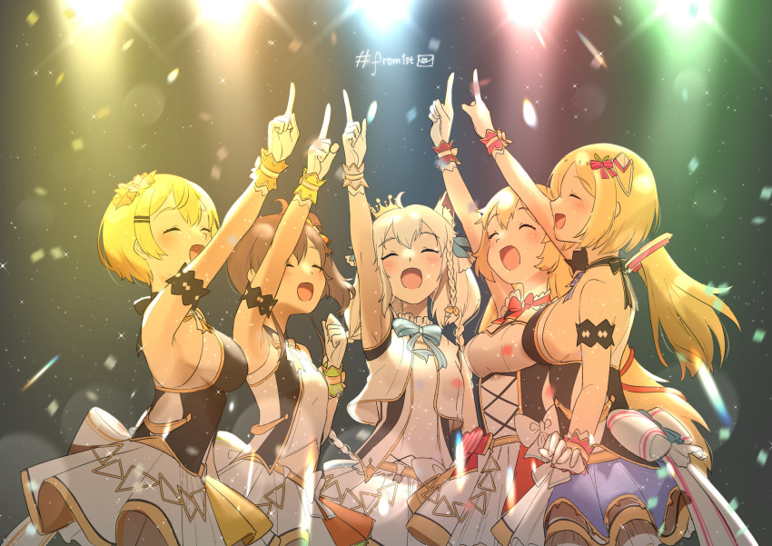 5girls akai_haato aki_rosenthal animal_ears armpits bangs bare_shoulders blonde_hair blush bow bowtie braid breasts brown_hair clenched_hand closed_eyes commentary_request confetti crown detached_hair fox_ears fox_girl gloves hair_ornament hair_ribbon happy hashtag highres hololive large_breasts light long_hair multiple_girls natsuiro_matsuri official_alternate_costume open_mouth pointing pointing_up ribbon shirakami_fubuki sideboob silver_hair skirt smile virtual_youtuber white_gloves yozora_mel yuikannon