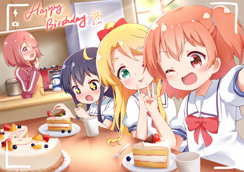 4girls :3 :d ;3 black_hair blonde_hair blue_dress bow dress eyebrows_visible_through_hair green_eyes hair_bow happy_birthday highres himesaka_noa hoshino_hinata hoshino_miyako_(wataten) long_hair looking_at_viewer multiple_girls one_eye_closed one_side_up open_mouth painter-lhb red_bow sailor_dress shirosaki_hana smile watashi_ni_tenshi_ga_maiorita!