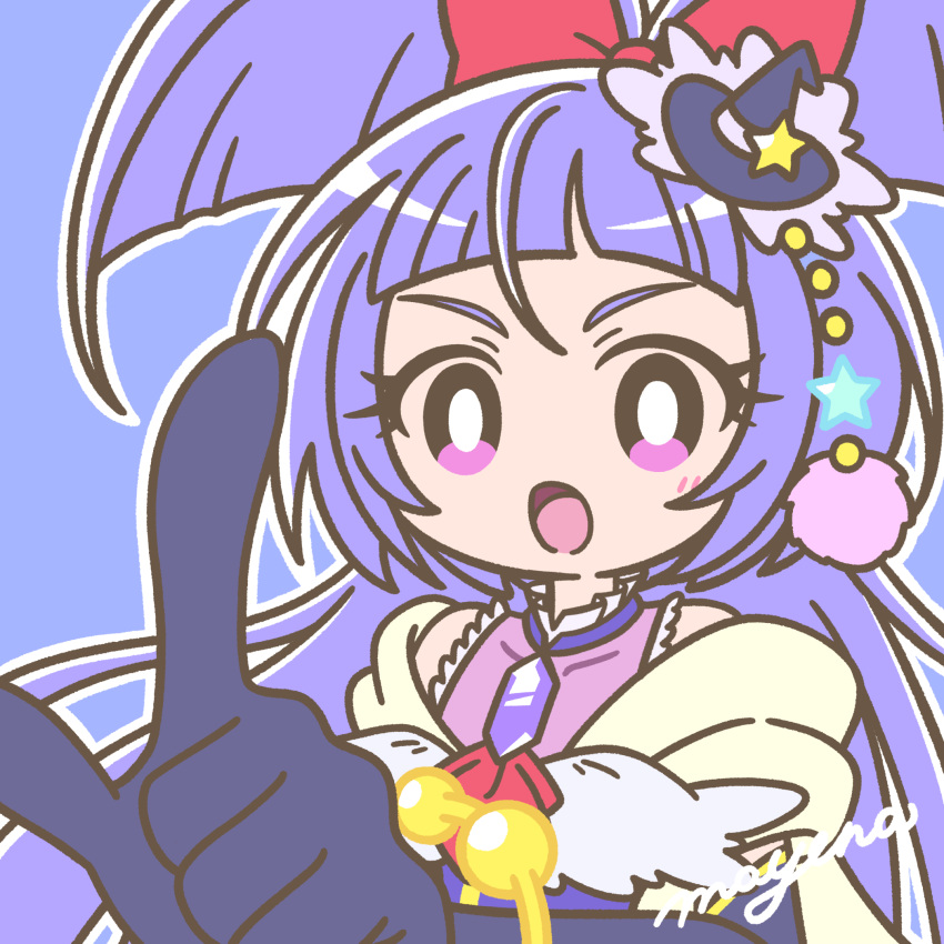 1girl black_headwear bow bracelet cure_magical elbow_gloves gloves gold_bracelet hair_bow hat highres index_finger_raised izayoi_liko jewelry long_hair looking_at_viewer magical_girl mahou_girls_precure! mayena mini_hat mini_witch_hat open_mouth outline pink_eyes pointing pointing_at_viewer pom_pom_(clothes) precure purple_background purple_hair red_bow signature simple_background solo violet_eyes white_background white_outline witch_hat
