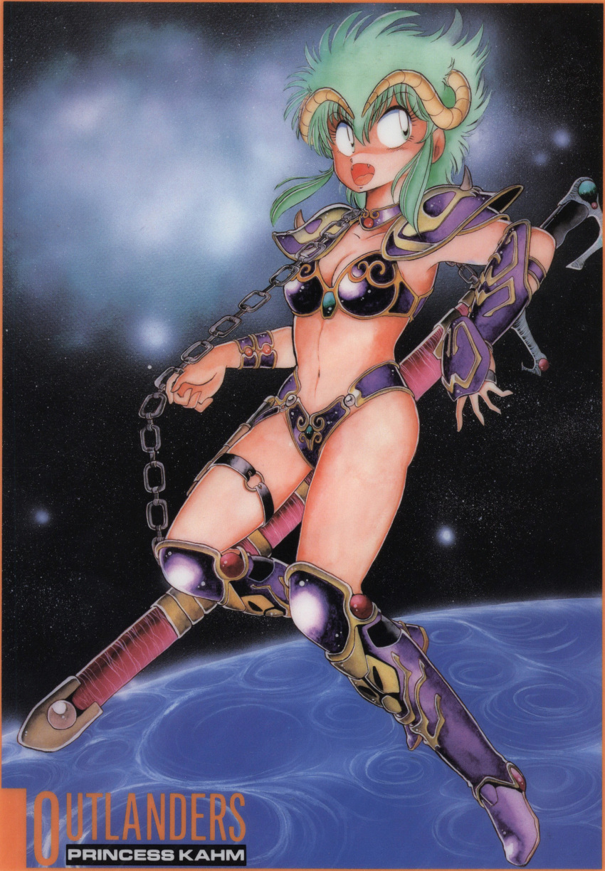 1980s_(style) 1girl absurdres armlet armor armored_boots bangs bikini_armor boots chain character_name copyright_name eyebrows_visible_through_hair fangs full_body green_eyes green_hair highres horns kahm manabe_jouji official_art open_mouth outlanders pauldrons retro_artstyle scan sheath sheathed shoulder_armor solo space sword thigh_strap weapon