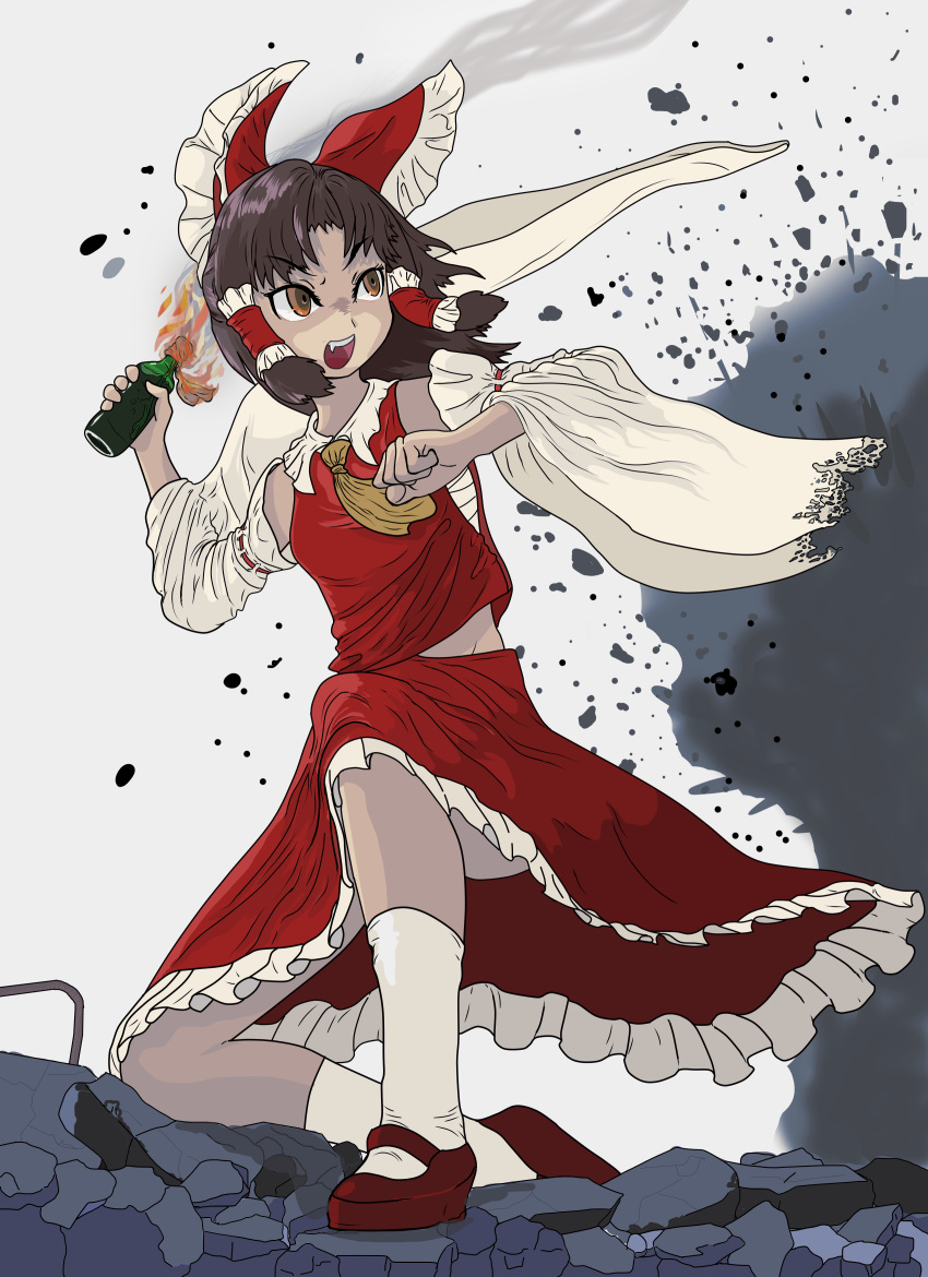 1girl absurdres bangs benikurage_(cookie) bottle bow brown_eyes brown_hair commentary_request cookie_(touhou) detached_sleeves explosion eyebrows_visible_through_hair fang fire frilled_bow frilled_hair_tubes frills full_body grey_background hair_bow hair_tubes hakurei_reimu highres holding holding_bottle looking_to_the_side mary_janes medium_hair molotov_cocktail necktie one_knee open_mouth pai_kebon_baa parted_bangs red_bow red_footwear red_shirt red_skirt ribbon-trimmed_sleeves ribbon_trim rubble sarashi shirt shoes skirt sleeveless sleeveless_shirt socks solo touhou v-shaped_eyebrows white_legwear white_sleeves yellow_neckwear