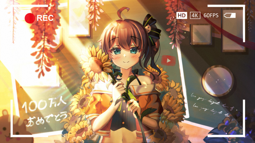 1girl ahoge bangs bare_shoulders black_camisole blue_eyes blurry blurry_background blush brown_hair brown_jacket camisole cat_hair_ornament closed_mouth collarbone commentary cursive depth_of_field english_text eyebrows_visible_through_hair flower hair_between_eyes hair_ornament highres holding holding_flower hololive jacket looking_at_viewer natsuiro_matsuri navel off-shoulder_jacket puffy_short_sleeves puffy_sleeves recording sasatabekung short_sleeves side_ponytail smile solo sunflower translation_request upper_body viewfinder virtual_youtuber yellow_flower youtube_logo