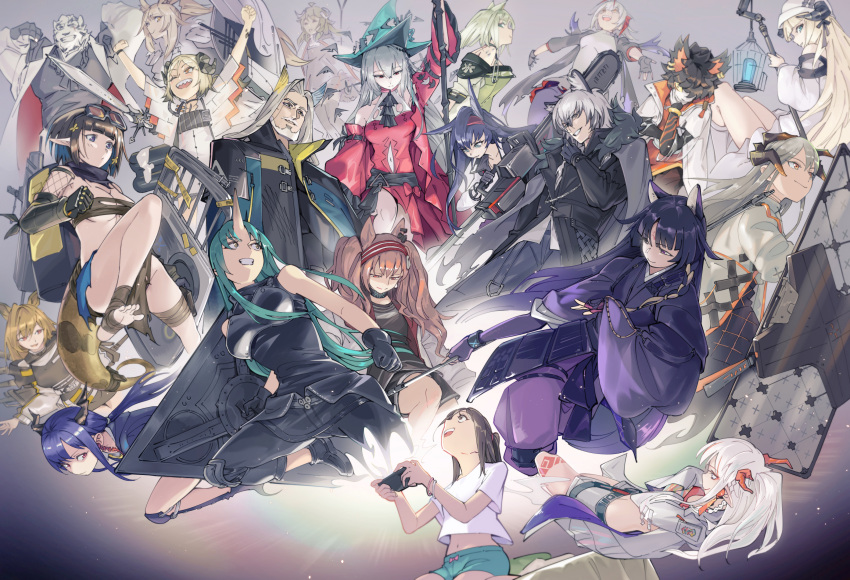 4boys 6+girls ;d aak_(arknights) angelina_(arknights) animal_ears arknights arm_up armor arms_up artist_self-insert bandeau bare_arms bare_shoulders beard black_footwear black_gloves black_hair black_jacket black_pants black_sash black_shirt blaze_(arknights) blemishine_(arknights) blonde_hair blue_hair blue_headwear blue_shorts breastplate brown_hair cellphone ceobe_(arknights) ch'en_(arknights) chinese_commentary clenched_hand clothing_cutout commentary_request crop_top crop_top_overhang dog_ears dress eunectes_(arknights) eyjafjalla_(arknights) facial_hair fox_ears furry gloves green_dress green_hair grey_shirt grin hairband hannya_(arknights) hao_guangze_yu hellagur_(arknights) highres holding holding_phone holding_staff horns hoshiguma_(arknights) ifrit_(arknights) jacket japanese_clothes kal'tsit_(arknights) kimono leopard_ears long_hair long_sleeves midriff mountain_(arknights) multiple_boys multiple_girls mustache navel navel_cutout nian_(arknights) nightingale_(arknights) one_eye_closed open_clothes open_jacket open_mouth pants phone pointy_ears purple_kimono red_dress red_eyes red_hairband saga_(arknights) saria_(arknights) sash sharp_teeth shield shirt shoes short_hair shorts silver_hair silverash_(arknights) single_horn skadi_(arknights) skadi_the_corrupting_heart_(arknights) smartphone smile snake_tail staff stomach strapless tail teeth tubetop twintails w_(arknights) white_jacket white_shirt wide_sleeves