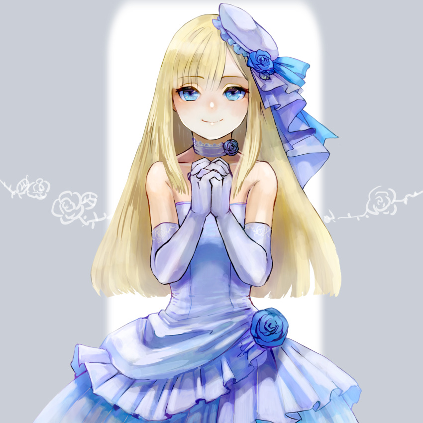 1girl asymmetrical_bangs bangs bare_shoulders blonde_hair blue_choker blue_dress blue_eyes blue_flower blue_headwear blue_rose blunt_bangs choker commentary_request cowboy_shot dress elbow_gloves eyebrows_visible_through_hair fate_(series) flower gloves grey_background hair_flower hair_ornament hands_clasped hat highres holding layered_dress long_hair looking_at_viewer lord_el-melloi_ii_case_files off-shoulder_dress off_shoulder own_hands_together reines_el-melloi_archisorte rose satou_usuzuku smile solo tilted_headwear white_background