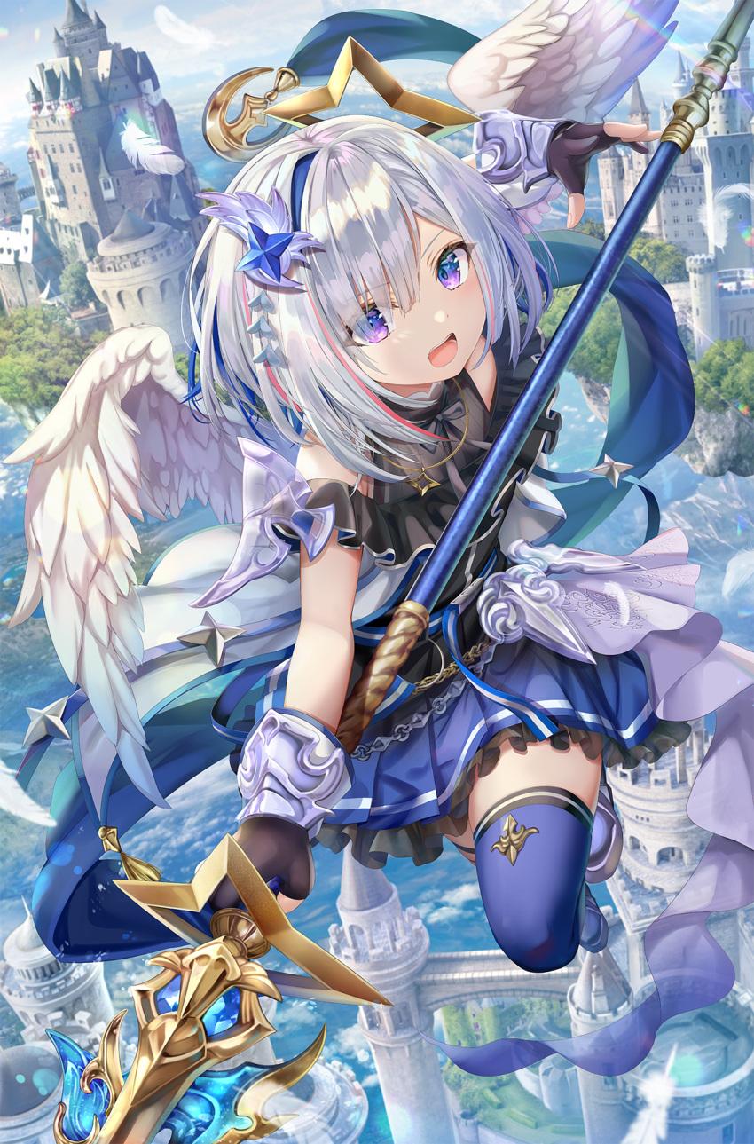 1girl amane_kanata angel angel_wings bangs black_gloves black_shirt blue_eyes blue_hair blue_legwear blue_skirt castle commentary_request day eyebrows_visible_through_hair eyes_visible_through_hair feathered_wings feathers flying frilled_skirt frills gloves gradient_eyes hairband halo highres holding holding_lance holding_polearm holding_spear holding_weapon hololive lance multicolored multicolored_eyes multicolored_hair open_mouth outdoors partially_fingerless_gloves pink_hair pleated_skirt polearm shirt short_hair skirt solo spear star_halo streaked_hair thigh-highs torino_akua violet_eyes virtual_youtuber weapon white_hair white_wings wings