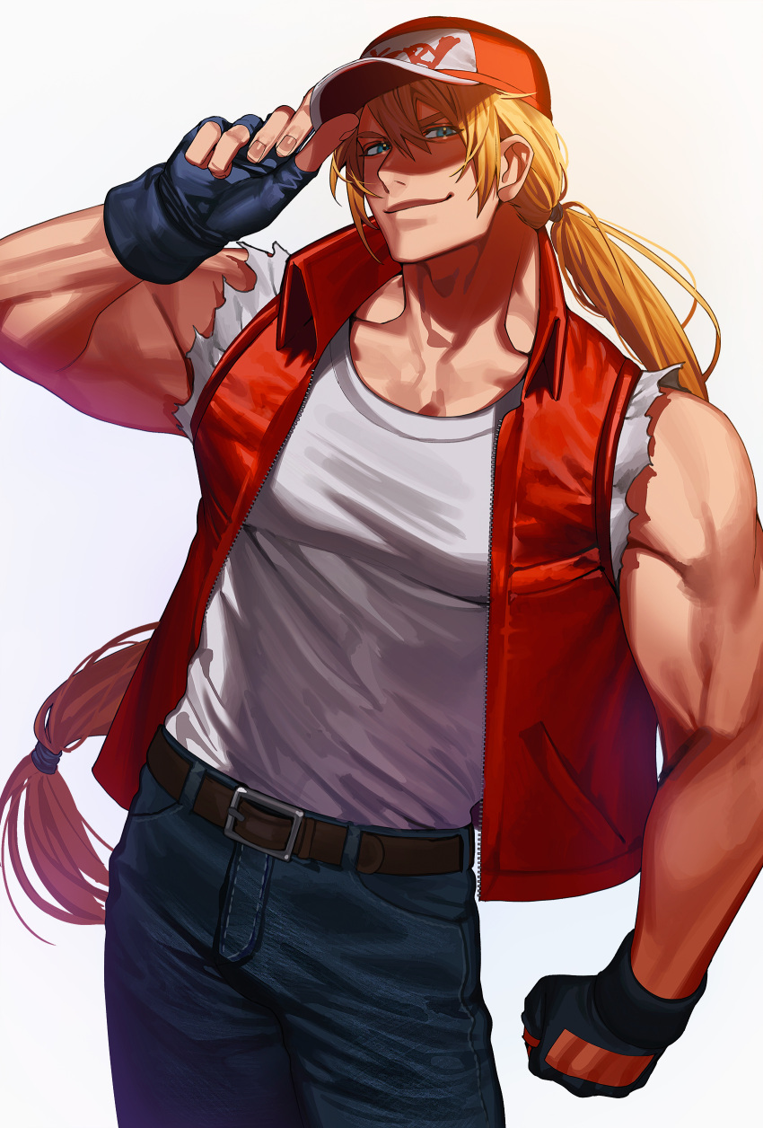 1boy absurdres baseball_cap blonde_hair blue_eyes bomber_jacket fatal_fury fingerless_gloves gloves hat highres jacket long_hair looking_at_viewer male_focus muscular ponytail smile sokuse_kienta solo terry_bogard the_king_of_fighters vest