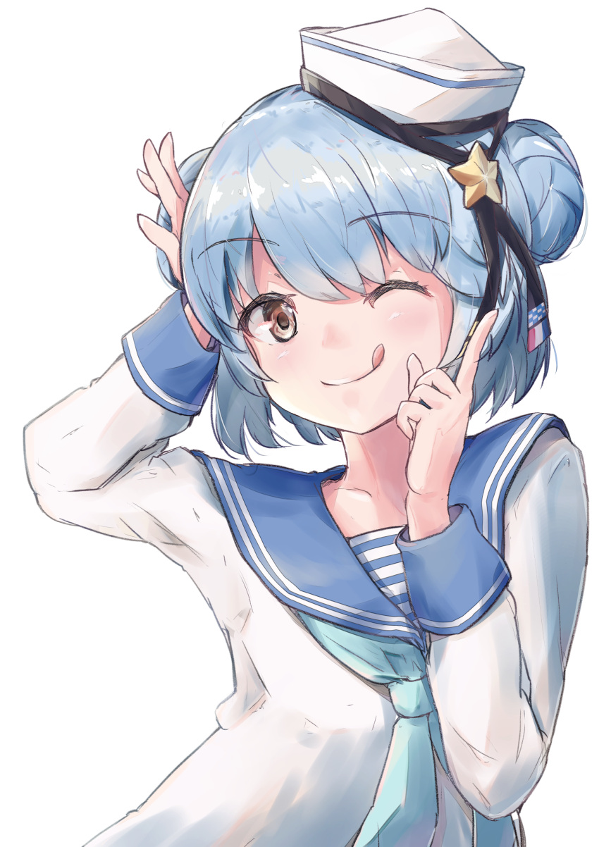 1girl aqua_neckwear aruka black_ribbon blue_hair blue_sailor_collar commentary_request dixie_cup_hat double_bun hat hat_ribbon highres index_finger_raised kantai_collection long_sleeves looking_at_viewer military_hat neckerchief one_eye_closed ribbon sailor_collar samuel_b._roberts_(kancolle) school_uniform serafuku shirt short_hair sleeve_cuffs solo tongue tongue_out white_headwear white_shirt yellow_eyes