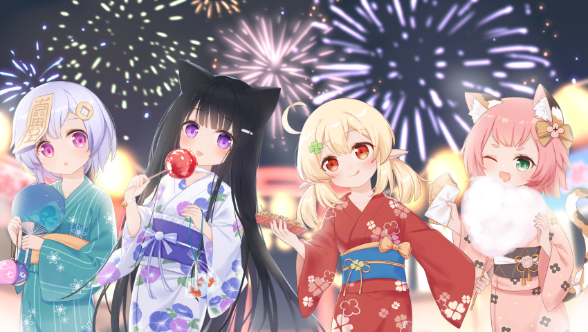 4girls :o :q ;d aerial_fireworks ahoge animal_ear_fluff animal_ears bangs black_hair blonde_hair blue_kimono blurry blurry_background blush candy_apple cat_ears cat_girl cat_tail closed_mouth clover_hair_ornament commentary_request cotton_candy depth_of_field diona_(genshin_impact) eyebrows_visible_through_hair fan fang fireworks floral_print food four-leaf_clover_hair_ornament fufumi genshin_impact green_eyes hair_between_eyes hair_ornament heart highres holding holding_food japanese_clothes kimono klee_(genshin_impact) long_hair long_sleeves low_twintails multiple_girls night night_sky obi one_eye_closed open_mouth original outdoors paper_fan parted_lips pink_hair pink_kimono print_kimono purple_hair qiqi_(genshin_impact) red_eyes red_kimono sash sky sleeves_past_wrists smile tail taiyaki takoyaki tongue tongue_out twintails uchiwa very_long_hair violet_eyes wagashi white_kimono wide_sleeves