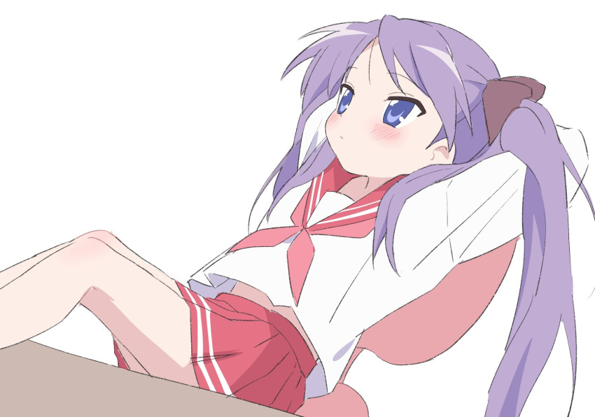 1girl arms_behind_head blue_eyes closed_mouth hair_over_shoulder highres hiiragi_kagami long_hair long_sleeves looking_afar lucky_star purple_hair school_uniform serafuku simple_background sincos sitting skirt solo twintails white_background