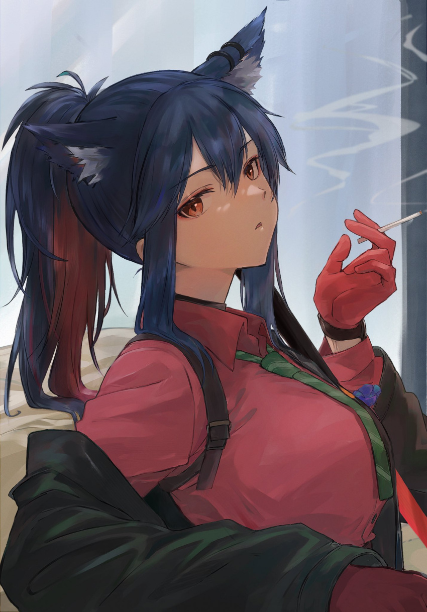 1girl animal_ear_fluff animal_ears arknights bangs black_coat black_hair breasts brown_eyes cigarette coat collared_shirt commentary from_side gloves green_neckwear highres holding holding_cigarette jacket konota_ko long_hair long_sleeves looking_at_viewer looking_to_the_side medium_breasts necktie off_shoulder official_alternate_costume open_clothes open_coat open_mouth ponytail red_gloves red_shirt shirt solo striped striped_neckwear texas_(arknights) texas_(willpower)_(arknights) upper_body wing_collar wolf_ears