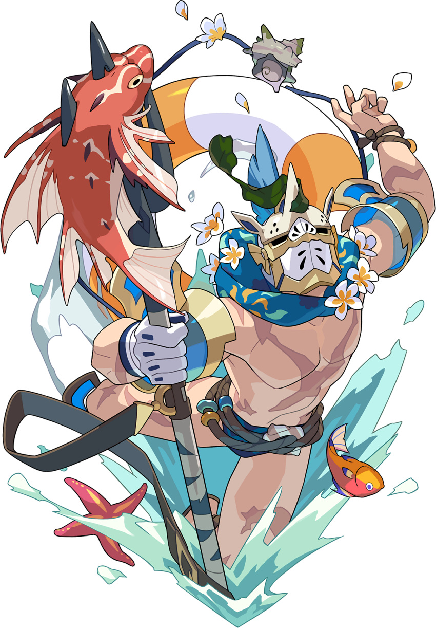 1boy armlet arms_up artist_request blue_neckwear blue_swimsuit bracelet brown_footwear flower full_body gloves helmet highres holding holding_polearm holding_weapon impaled jelal_(world_flipper) jewelry jumping lifebuoy lionfish male_focus male_swimwear non-web_source official_art pectorals plume polearm rope sandals scar scar_on_chest seashell see-through shell shirtless single_glove solo spiked_helmet splashing starfish swim_briefs swimsuit toned toned_male transparent_background trident water weapon white_gloves world_flipper