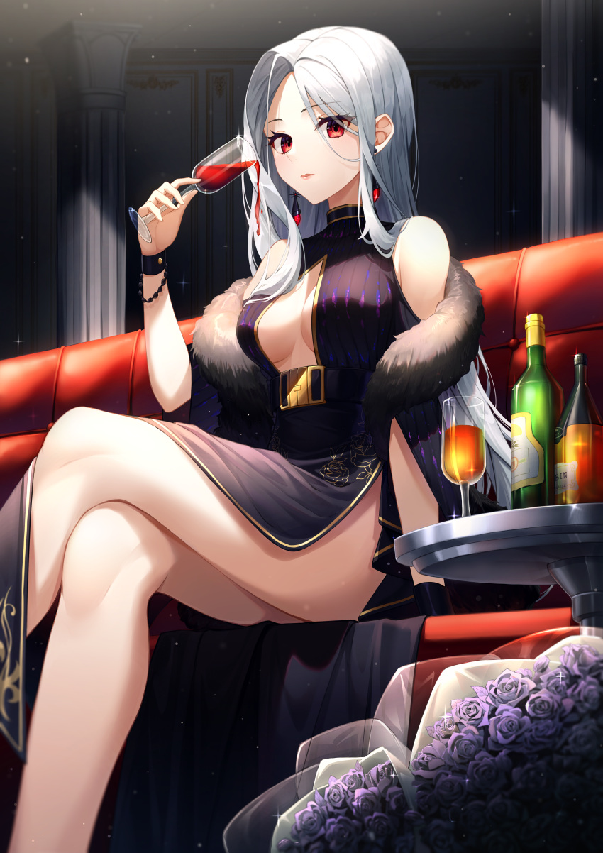 1girl absurdres alcohol bare_legs bare_shoulders black_dress bottle breasts couch crossed_legs cup dress drinking_glass feather_boa highres holding huge_filesize long_hair looking_at_viewer medium_breasts no_bra on_couch original pelvic_curtain red_eyes silver_hair sitting sleeveless sleeveless_dress solo star-ring thighs wine