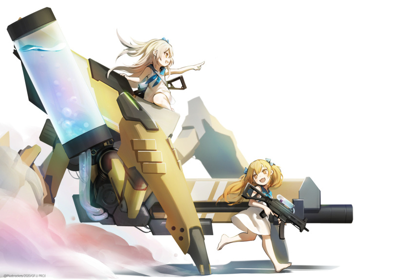 +)_(liu997139467) :3 bangs bare_legs bare_shoulders barefoot blue_ribbon brown_eyes brown_hair commentary dress dust dust_cloud english_commentary feet floating_hair from_side girls_frontline grabbing grey_hair gun h&amp;k_ump45 h&amp;k_ump9 hair_ribbon head_tilt highres holding holding_weapon kneeling laughing legs long_hair manticore_(girls_frontline) mecha messy_hair neck_ribbon open_mouth parted_bangs pleated_dress pointing ponytail ribbon running sailor_dress scar scar_across_eye side_ponytail sidelocks simple_background smile submachine_gun teeth trigger_discipline twintails ump45_(girls_frontline) ump9_(girls_frontline) water_gun water_tank weapon weapon_on_back white_background white_dress yellow_eyes younger