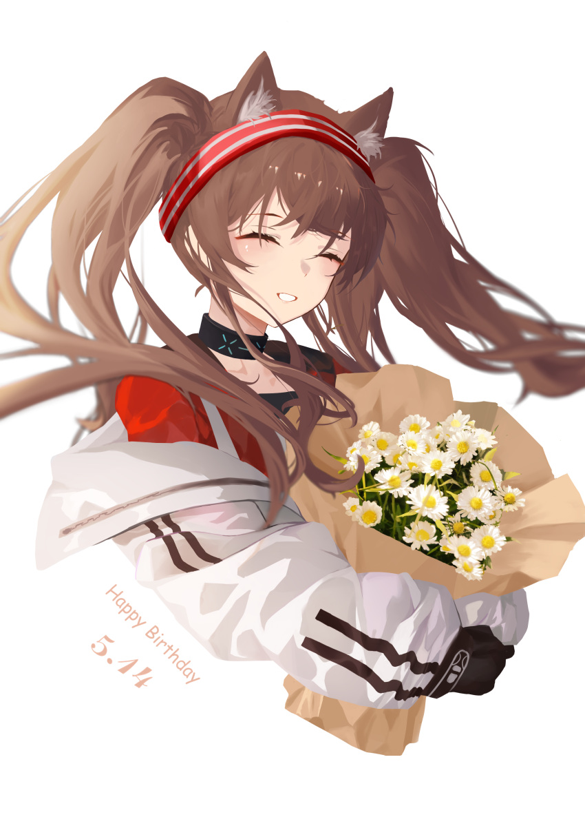 1girl :d ^_^ absurdres angelina_(arknights) animal_ear_fluff animal_ears arknights bangs black_gloves blush bouquet brown_hair closed_eyes cropped_torso facing_viewer flower fox_ears gloves grin hairband happy happy_birthday highres holding holding_bouquet infection_monitor_(arknights) long_hair long_sleeves off_shoulder open_mouth puffy_long_sleeves puffy_sleeves sidelocks simple_background smile solo teeth twintails two-tone_hairband very_long_hair white_background white_flower xiaobei