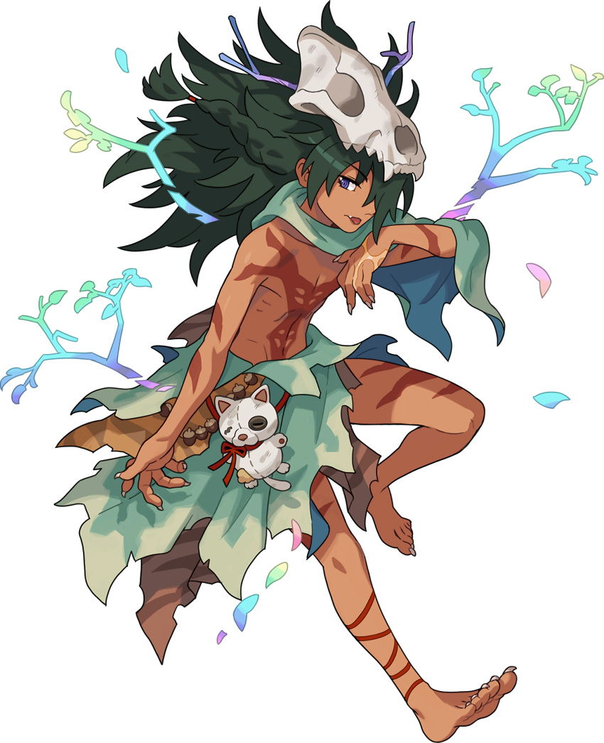 1boy acorn animal_skull artist_request bangs barefoot bodypaint braid branch capelet claws collarbone dark-skinned_male dark_skin eyebrows_visible_through_hair fang full_body green_capelet green_hair hair_over_one_eye hair_tie half-closed_eyes hao_(world_flipper) highres leg_ribbon leg_up loincloth long_hair looking_to_the_side male_focus messy_hair navel non-web_source official_art open_mouth rainbow_gradient red_ribbon ribbon shiny shiny_hair shirtless sidelocks single_braid skull skull_on_head solo stick stitches stomach stuffed_animal stuffed_cat stuffed_toy tied_hair toned toned_male tongue tongue_out torn_clothes transparent_background tribal violet_eyes world_flipper