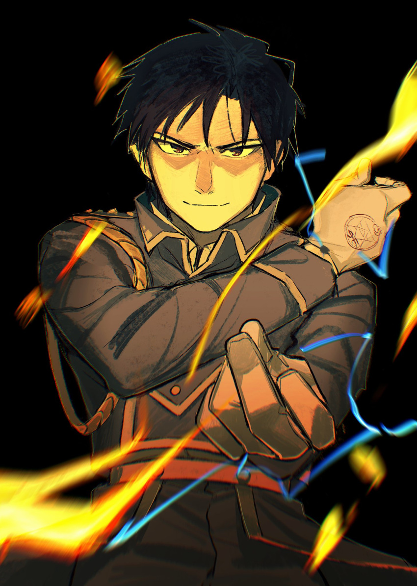 1boy aiguillette black_background black_eyes black_hair blue_jacket blue_pants blurry chromatic_aberration closed_mouth collared_jacket darkness depth_of_field doya electricity fire flame fullmetal_alchemist gloves hand_up highres jacket light looking_at_viewer male_focus military military_uniform motion_blur outstretched_hand pants roy_mustang shade simple_background smile snapping_fingers spiky_hair uniform upper_body white_gloves