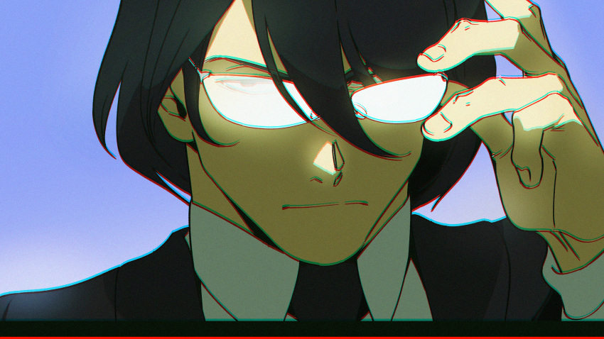 1boy absurdres alternate_costume bacchus_lpiii black_hair black_neckwear blue_background formal glasses hair_between_eyes hair_ornament hairclip hands_on_eyewear highres ishikawa_goemon_xiii lupin_iii male_focus medium_hair necktie suit