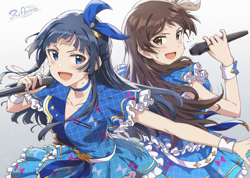 2girls anniversary ayano_yuu_(sonma_1426) back-to-back bangs blue_choker blue_dress blue_eyes blue_hair blue_ribbon blurry brown_eyes brown_hair choker commentary copyright_name dated dress english_text frilled_dress frilled_sleeves frills hair_ribbon half_updo highres holding holding_microphone idolmaster idolmaster_million_live! idolmaster_million_live!_theater_days jewelry kitazawa_shiho long_hair long_sleeves looking_at_viewer looking_back microphone mogami_shizuka multiple_girls music open_mouth ribbon ring short_dress singing smile standing sweat wrist_cuffs