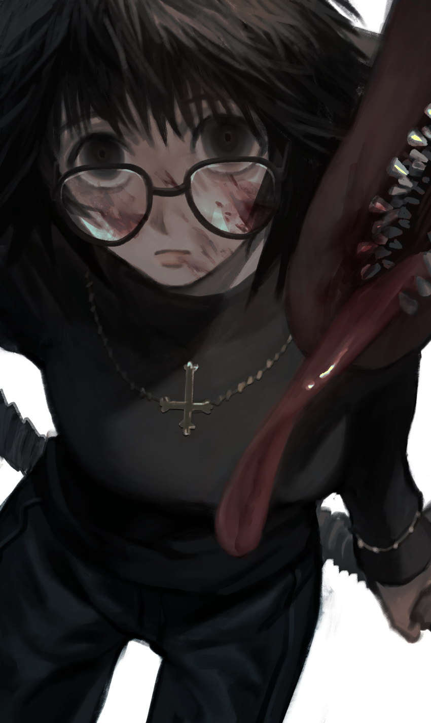 1girl absurdres black_eyes black_hair black_skirt denim from_above glasses highres hunter_x_hunter jeans jewelry looking_at_viewer looking_up necklace pants shizuku_(hunter_x_hunter) skirt tongue tongue_out vacuum_cleaner xi_hsi