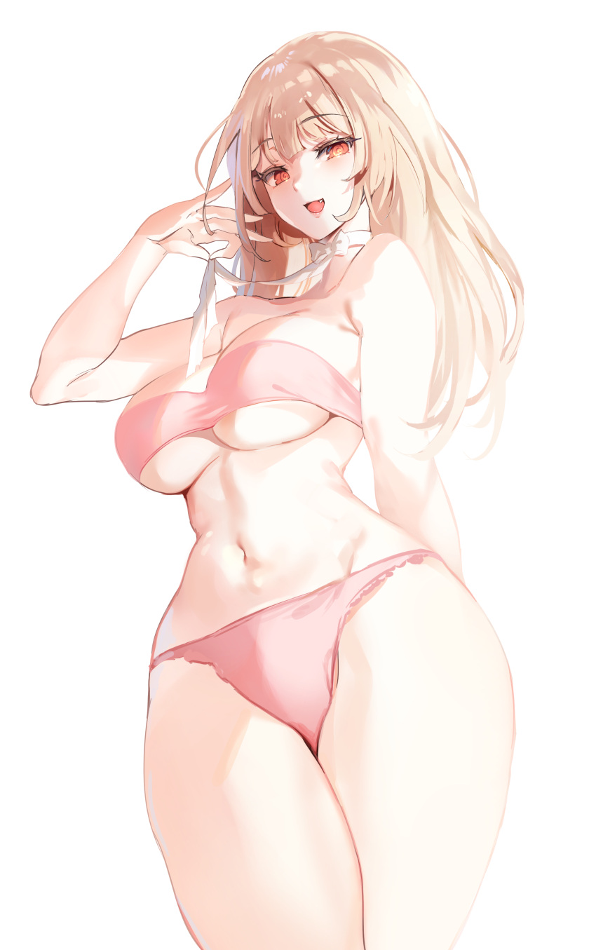 1girl absurdres arm_behind_back bikini blonde_hair breasts highres large_breasts looking_at_viewer naughty_face neck_ribbon original pink_theme red_eyes ribbon smile solo swimsuit under_boob zerocat