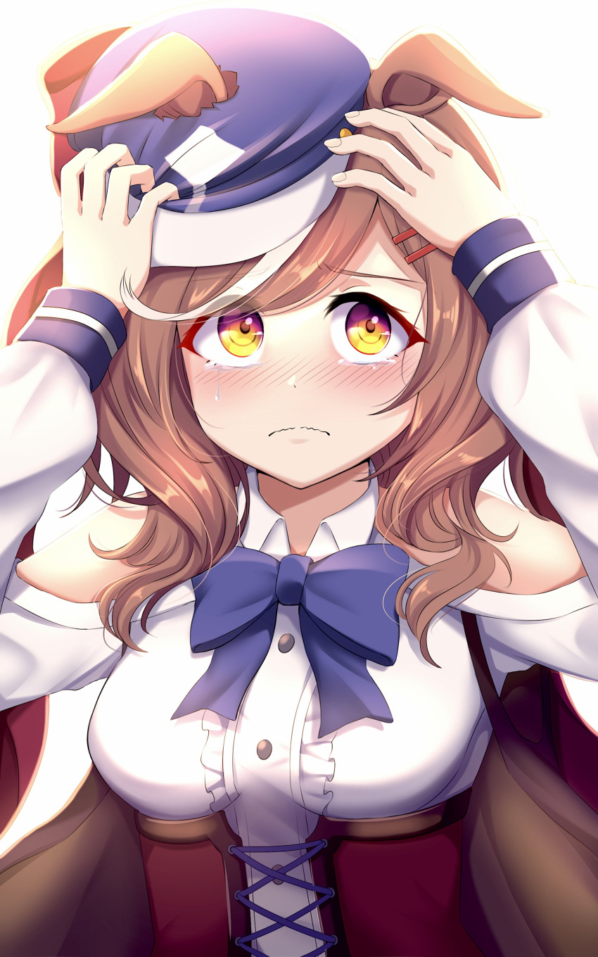 1girl absurdres animal_ears arm_up blush breasts brown_hair commentary hair_ornament hairclip hat highres horse_ears looking_at_viewer matikane_tannhauser medium_hair portrait simple_background ska.harumi solo tears umamusume white_background yellow_eyes