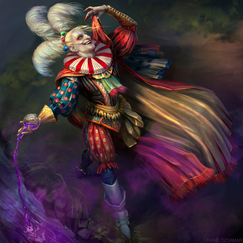 blonde_hair blood bloody_hands boots cape cefca_palazzo claws clown diane_ozdamar english_text evil_smile facepaint feathers final_fantasy final_fantasy_vi full_body gloves highres mature_male open_mouth pants_under_shorts poison pouring print_shirt print_shorts puffy_shorts puffy_sleeves realistic shirt shorts single_glove smile spurs veins villian