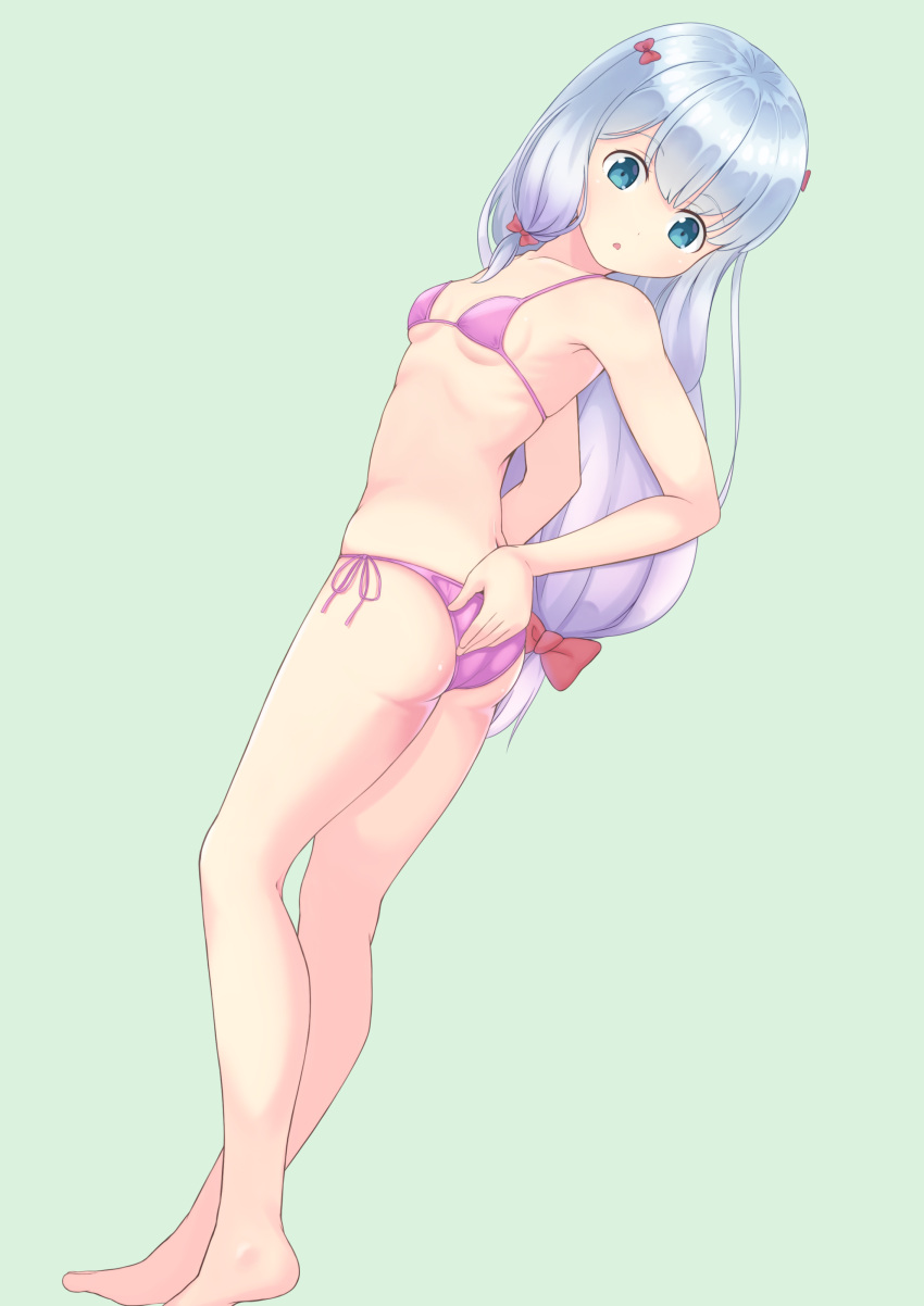 1girl absurdres ass barefoot bikini blue_background blue_eyes bow breasts eromanga_sensei from_side full_body hair_bow hand_on_own_ass highres izumi_sagiri legs long_hair looking_back low-tied_long_hair pink_bikini ribbon side-tie_bikini silver_hair simple_background small_breasts solo sonao swimsuit thighs