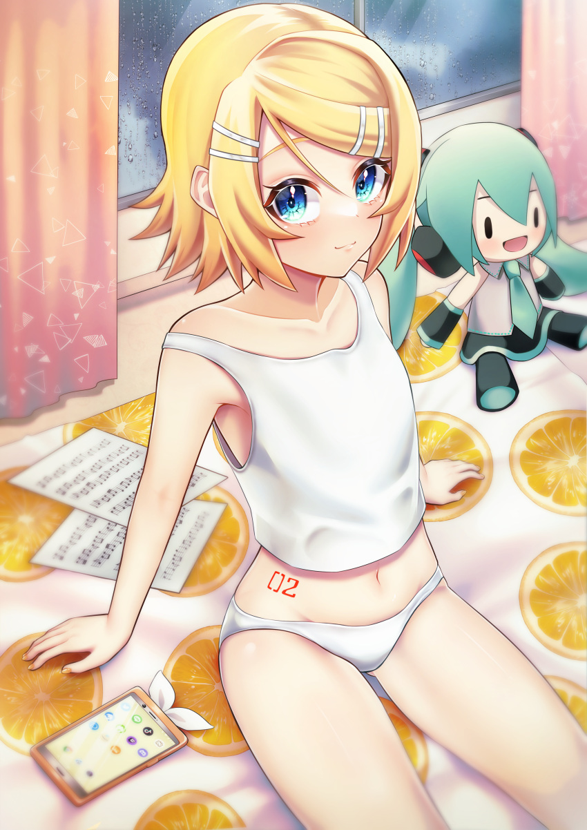 1girl :3 absurdres ataraii_moyasi bangs bare_legs bare_shoulders blonde_hair blue_eyes cellphone collarbone eyelashes hair_ornament hairclip highres kagamine_rin looking_at_viewer looking_up midriff navel number_tattoo on_bed orange_print panties phone rain sheet_music shirt short_hair sitting sleeveless sleeveless_shirt smile solo stomach_tattoo stuffed_toy swept_bangs tattoo thighs triangle_print underwear vocaloid water_drop window yellow_nails