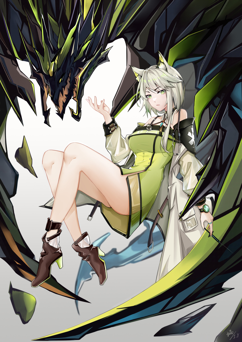 1girl absurdres animal_ear_fluff arknights bangs bare_legs bare_shoulders black_footwear boots breasts chinese_commentary commentary_request dress gradient gradient_background green_dress green_eyes grey_background hand_up high_heel_boots high_heels highres kal'tsit_(arknights) liuleiwowotou long_hair long_sleeves looking_at_viewer lynx_ears medium_breasts mon3tr_(arknights) off-shoulder_dress off_shoulder short_dress silver_hair solo thighs watch watch