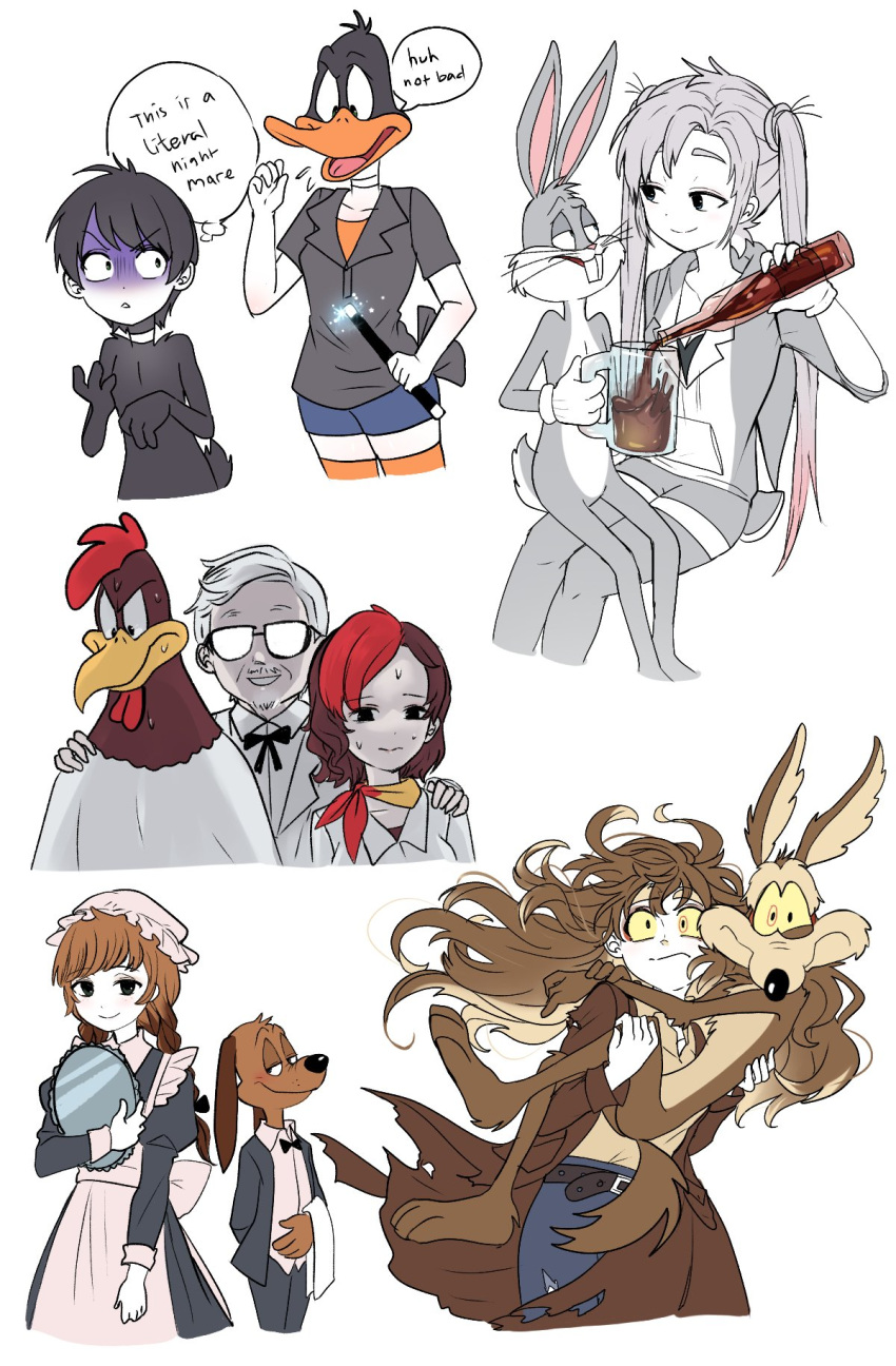 5girls 6+boys black_hair brown_hair bugs_bunny butler closed_mouth colonel_sanders daffy_duck english_text foghorn_leghorn genderswap genderswap_(mtf) glasses grey_hair highres himuhino humanization long_hair looking_at_viewer looney_tunes maid multiple_boys multiple_girls opaque_glasses real_life smile speech_bubble sweat sweating_profusely thought_bubble twintails wile_e_coyote