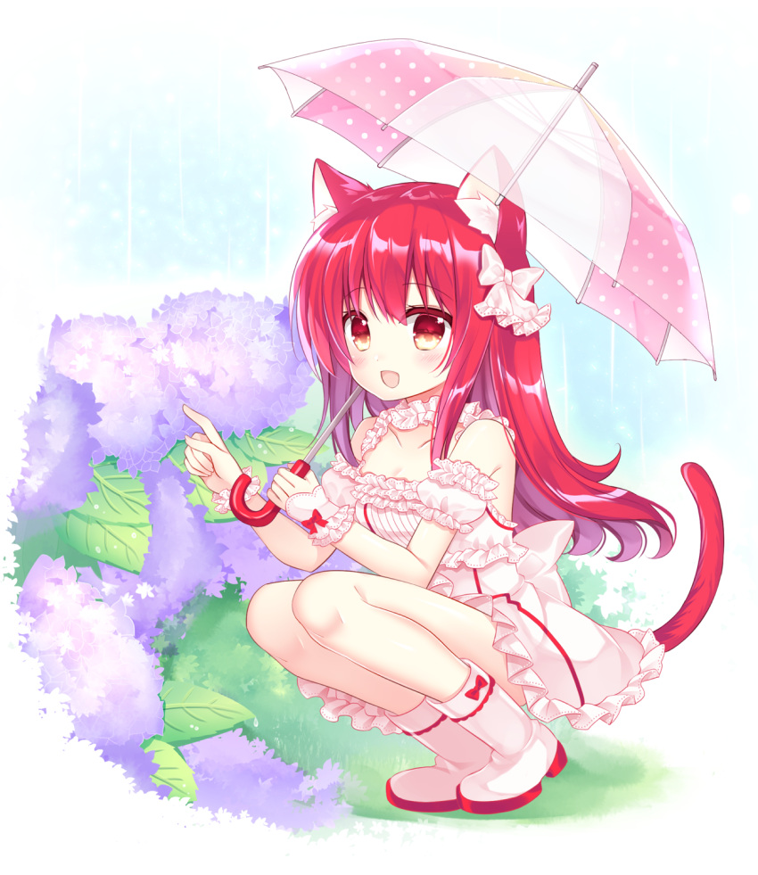 1girl :d animal_ear_fluff animal_ears bangs bare_shoulders blush boots bow cat_ears cat_girl cat_tail commentary_request detached_sleeves dress eyebrows_visible_through_hair flower full_body hair_between_eyes hair_bow highres holding holding_umbrella hydrangea long_hair open_mouth original polka_dot polka_dot_umbrella puffy_short_sleeves puffy_sleeves purple_flower red_bow red_eyes redhead shikito short_sleeves sleeveless sleeveless_dress smile solo squatting tail umbrella very_long_hair white_background white_bow white_dress white_footwear white_sleeves wrist_cuffs