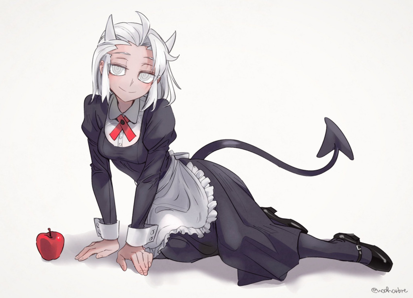 1girl alternate_costume bangs closed_mouth demon_girl demon_tail enmaided grey_background helltaker highres horns justice_(helltaker) looking_at_viewer maid noaharbre short_hair simple_background smile solo tail white_eyes white_hair white_horns
