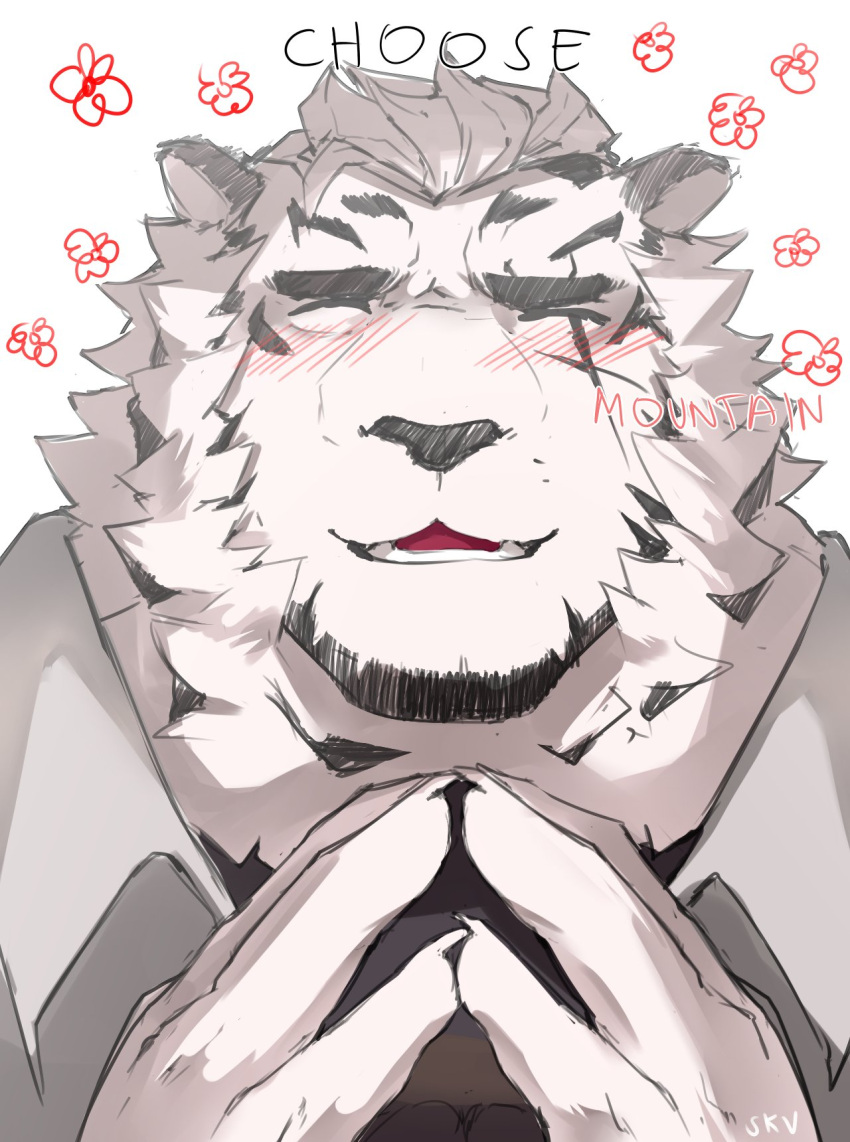 1boy animal_ears arknights blush character_name english_text furry highres looking_at_viewer male_focus mountain_(arknights) sak_(sakarov_) scar scar_across_eye short_hair smile solo thick_eyebrows tiger_boy tiger_ears white_fur white_hair