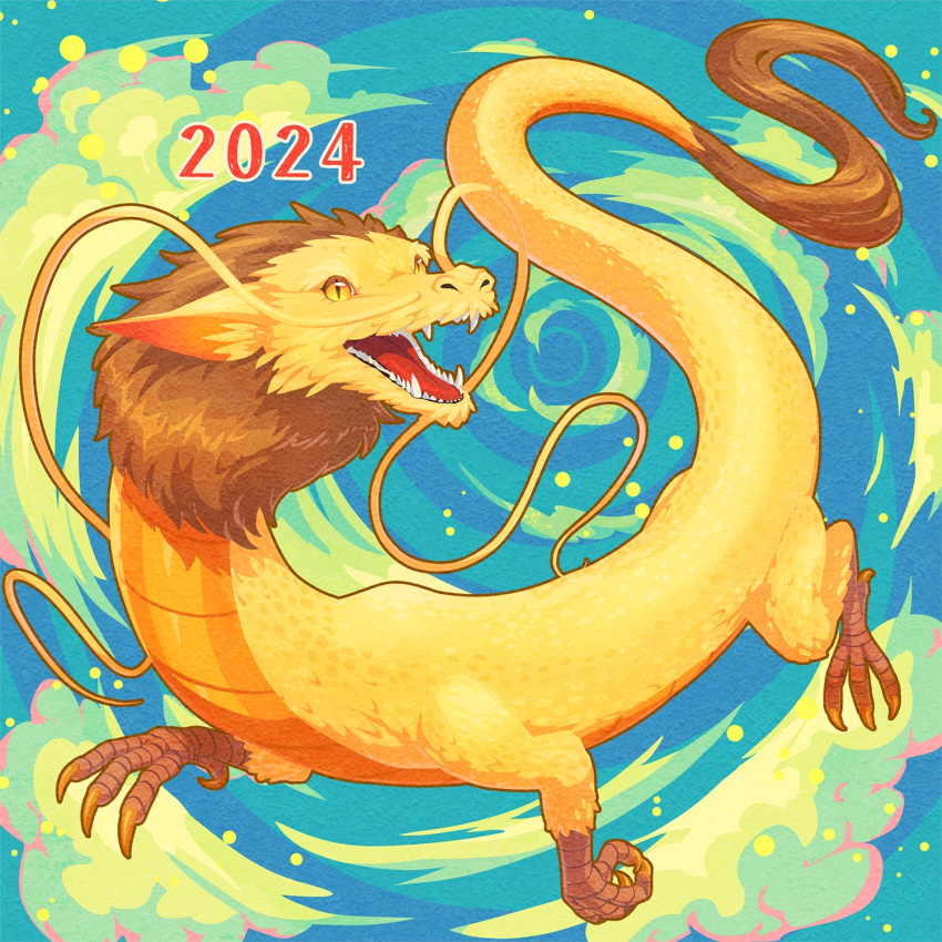 2024 blue_background chinese_zodiac clouds commentary_request dragon eastern_dragon fangs highres matsuki_(mikipingpong) no_humans original sharp_teeth teeth year_of_the_dragon yellow_eyes