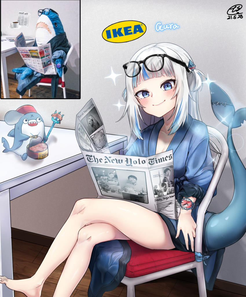 1girl bangs black_eyes bloop_(gawr_gura) blue_hair blue_robe blush can crossed_legs eyewear_on_head fish_tail gawr_gura glasses head_tilt highres holding holding_newspaper holding_weapon hololive hololive_english korean_commentary looking_at_viewer multicolored_hair newspaper photo-referenced photo_(medium) polearm qualthis reference_photo_inset robe shark_tail sharp_teeth silver_hair sitting smile solo sparkle streaked_hair tail teeth trident two_side_up virtual_youtuber weapon yagoo
