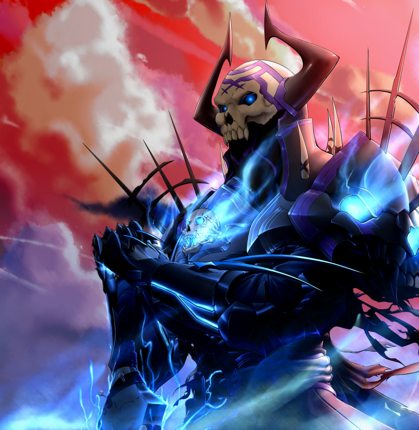1boy absurdres armor black_armor black_cloak cloak fate/grand_order fate_(series) gauntlets glowing glowing_eyes highres horns king_hassan_(fate) looking_at_viewer male_focus monster_boy planted_sword planted_weapon red_sky skarltano skull skull_mask sky sword weapon