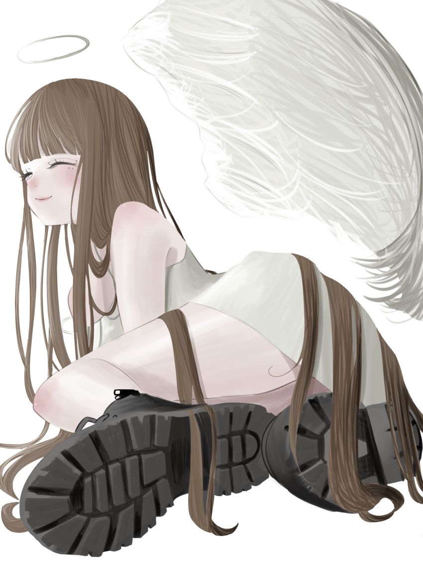 1girl angel angel_wings ankle_boots artist_request bangs black_footwear blunt_bangs blush boots brown_hair closed_eyes closed_mouth dress from_behind halo highres long_hair lying on_side original shoe_soles sleeveless sleeveless_dress smile very_long_hair white_background white_dress wings