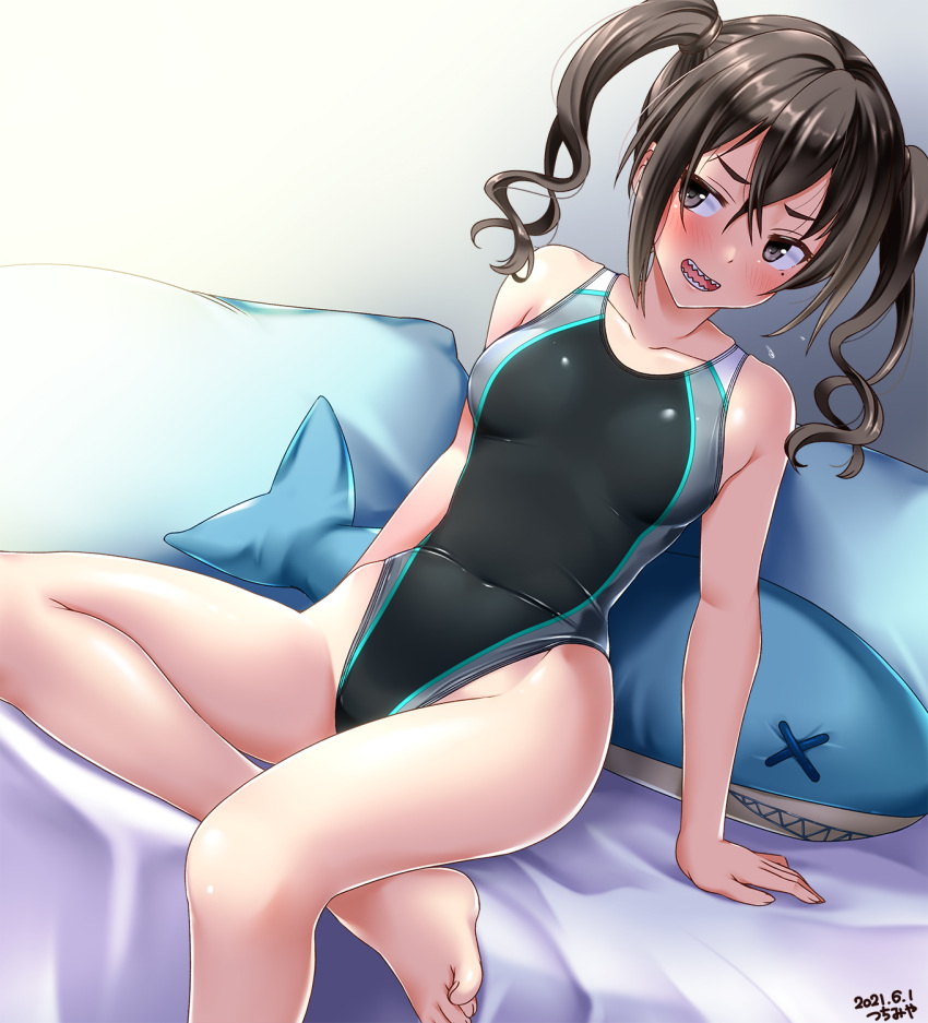 1girl aqua_swimsuit black_swimsuit competition_swimsuit couch covered_navel cushion dated eyebrows_visible_through_hair hair_between_eyes highleg highleg_swimsuit highres idolmaster idolmaster_cinderella_girls ikea_shark indoors looking_at_viewer mole mole_under_eye one-piece_swimsuit open_mouth sharp_teeth signature sitting skindentation smile solo stuffed_animal stuffed_shark stuffed_toy sunazuka_akira swimsuit teeth tsuchimiya twintails two-tone_swimsuit