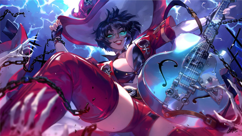 1girl black_hair chain electric_guitar fingerless_gloves foreshortening from_below gloves grin guilty_gear guilty_gear_strive guitar hat highres i-no instrument jacket looking_at_viewer red_headwear red_jacket red_legwear short_hair short_shorts shorts smile sunglasses thigh-highs thunder tinted_eyewear venus_symbol very_short_hair witch_hat