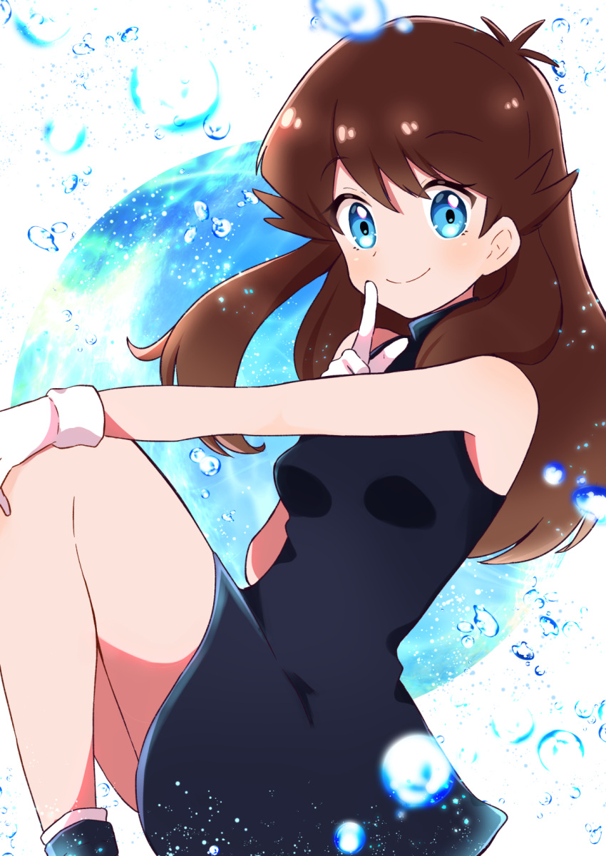 1girl bangs bare_arms black_dress blue_(pokemon) blue_eyes blush breasts brown_hair closed_mouth commentary_request dress eyebrows_visible_through_hair eyelashes from_side gloves haru_(haruxxe) highres index_finger_raised long_hair looking_to_the_side pokemon pokemon_adventures sleeveless sleeveless_dress smile solo water water_drop white_gloves