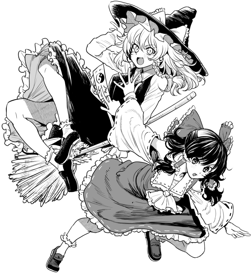 2girls :d ascot bangs bonkara_(sokuseki_maou) bow braid broom broom_riding detached_sleeves dress_shirt floating frilled_legwear frilled_skirt frills frown greyscale hair_bow hair_tubes hakurei_reimu hand_on_headwear hat hat_bow highres holding kirisame_marisa loafers long_hair long_sleeves looking_at_viewer medium_skirt monochrome multiple_girls nontraditional_miko ofuda open_mouth shirt shoes side_braid skirt smile socks touhou vest wing_collar witch witch_hat